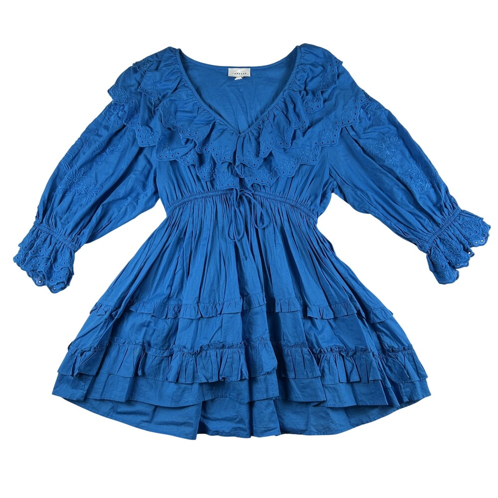Topshop Dress Womens 8 Blue Ruffle Eyelet Long Sleeve Fit Flare Mini Boho